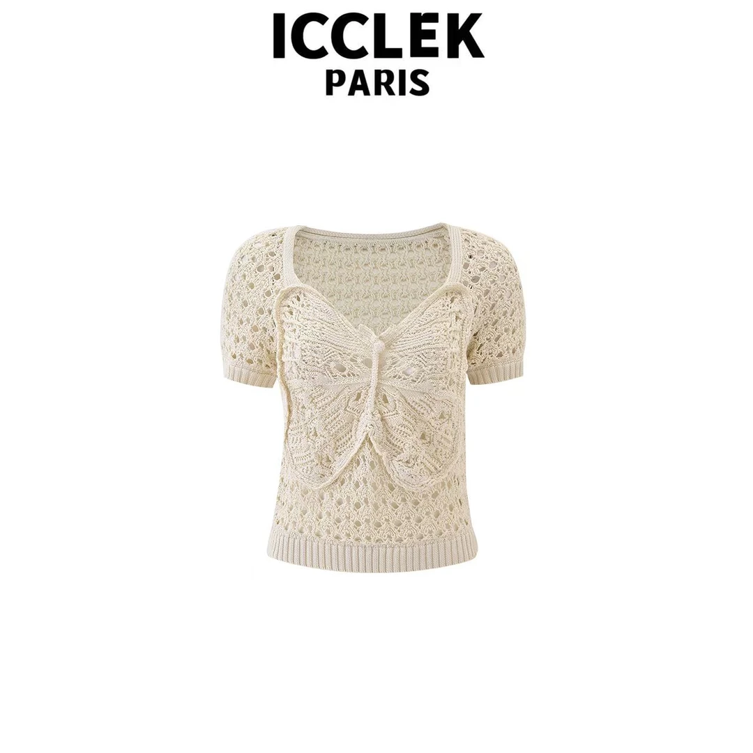 ICCLEK 杏色圆领蝴蝶结针织手工刺绣套头百搭时尚T恤 气  质-5706