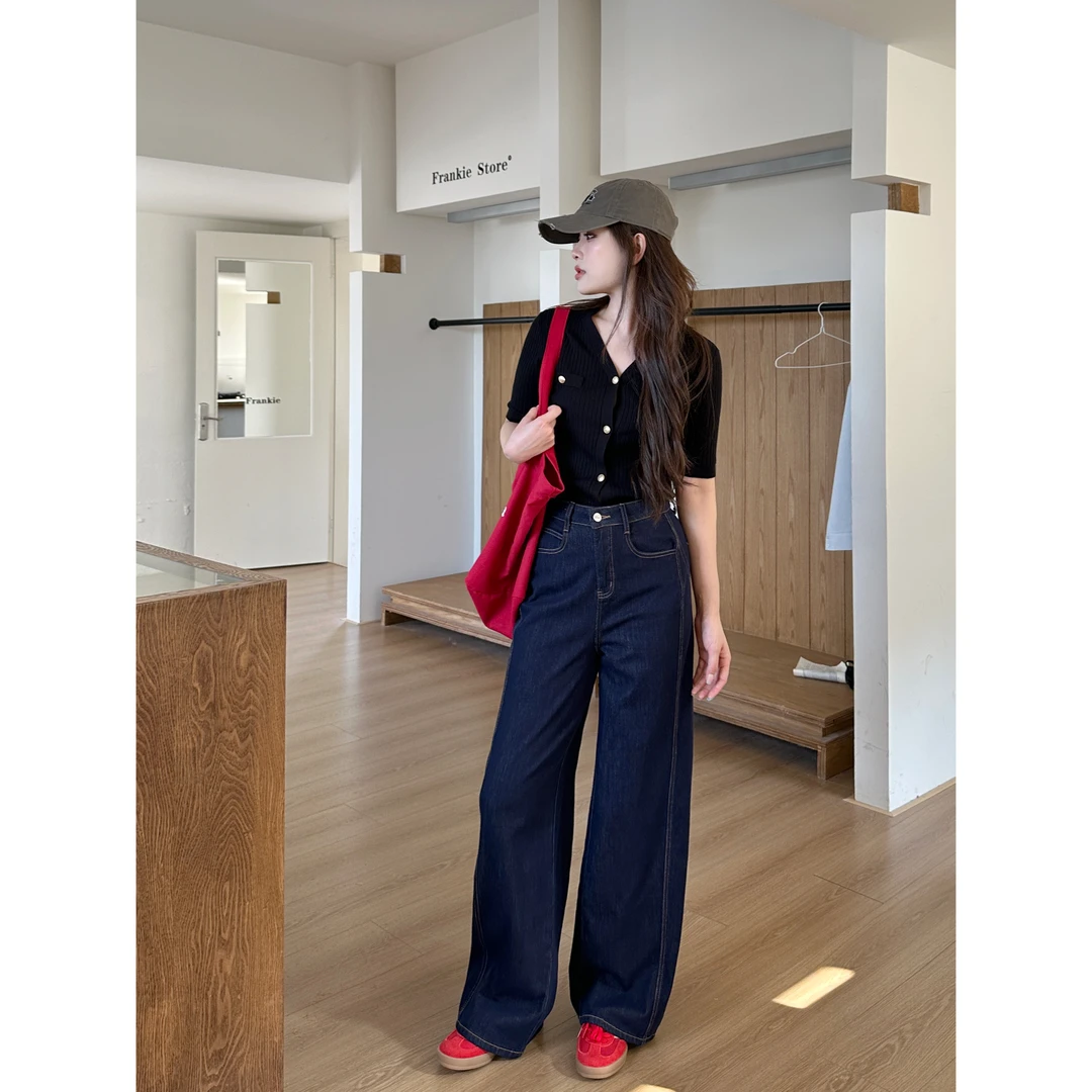 阔腿裤子女款爆款2025秋季新款宽松显瘦百搭直筒丹宁蓝牛仔裤女装