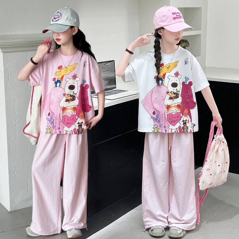 女童夏季短袖套装2025新款韩版中大童休闲卡通印花阔腿裤两件套潮