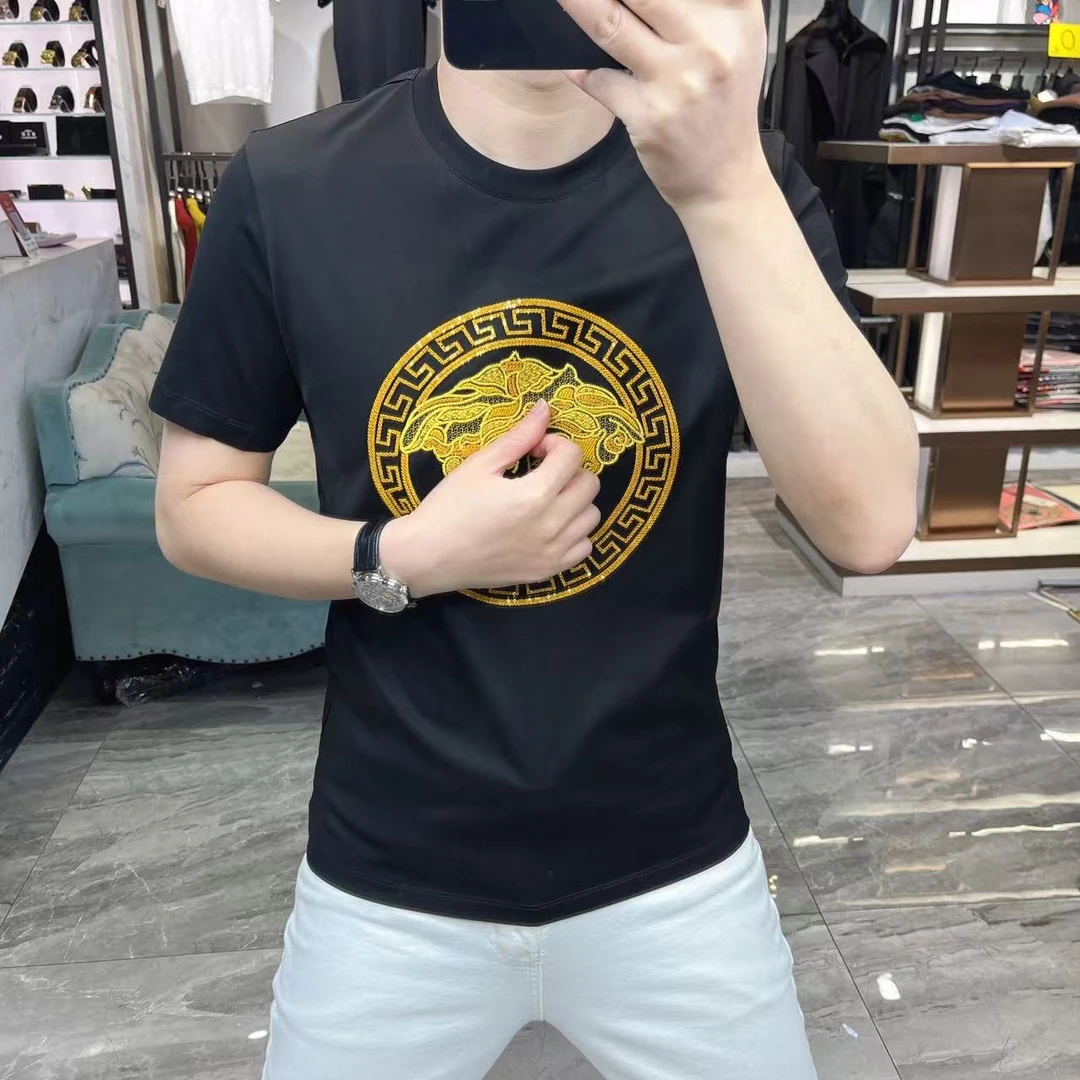 2025夏季新款短袖T恤男重工刺绣烫钻半袖烫钻欧货男装时尚潮26367