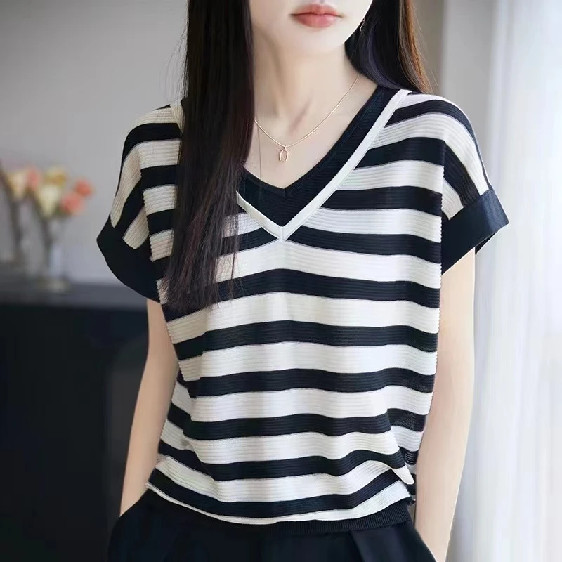 莱赛尔天丝假两件v领短袖女夏薄款飞机袖百搭条纹撞色针织上衣