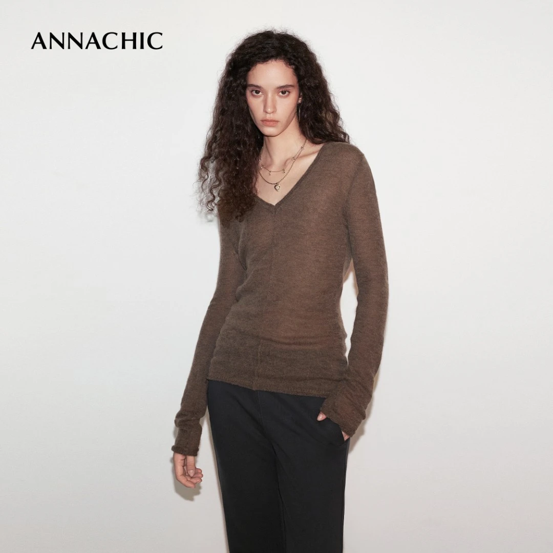ANNACHIC曼妙线条_气质V领修身针织衫女/休闲打底衫基础百搭上衣