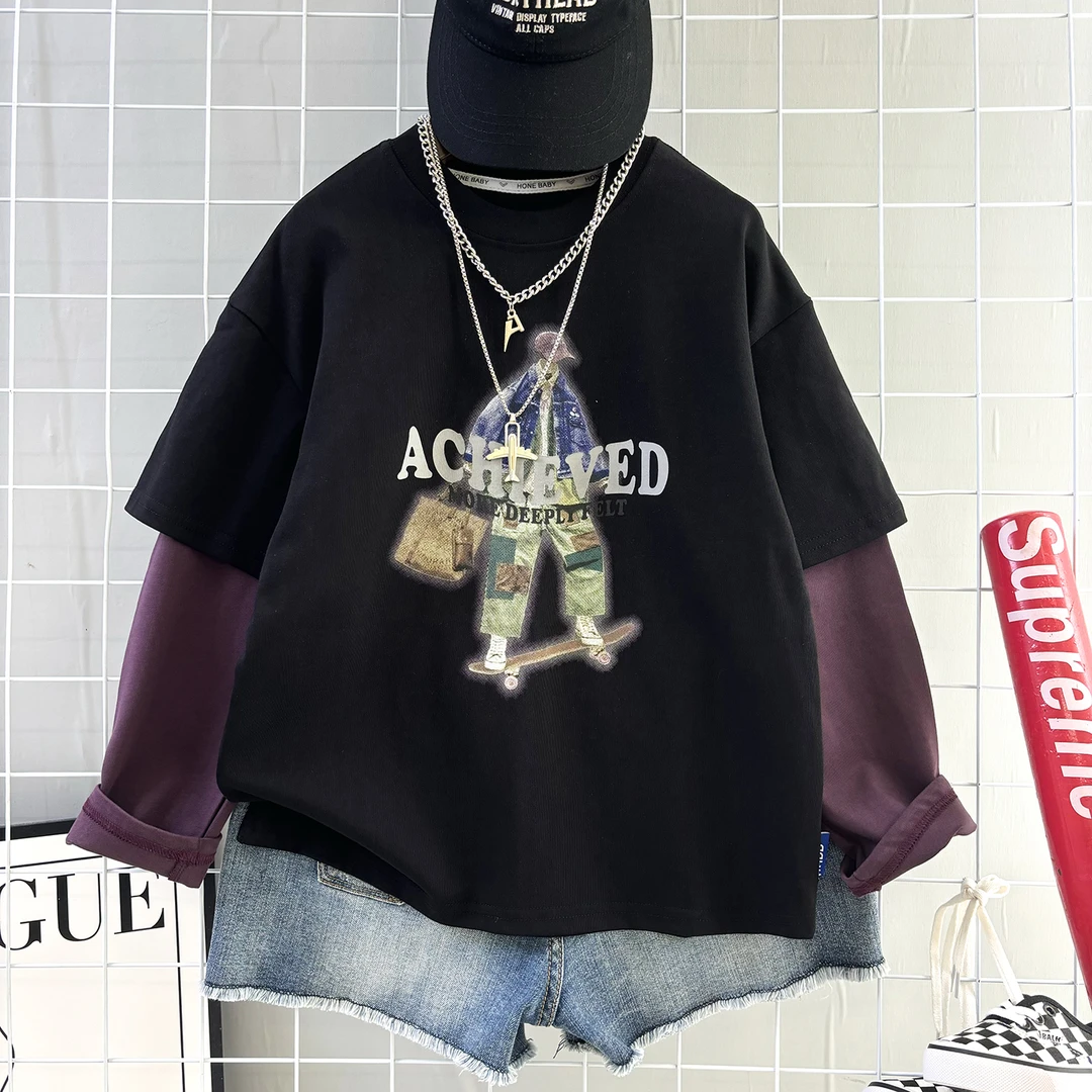 高品质男童洋气潮流韩版假两件春秋长袖2025中大童宽松休闲百搭