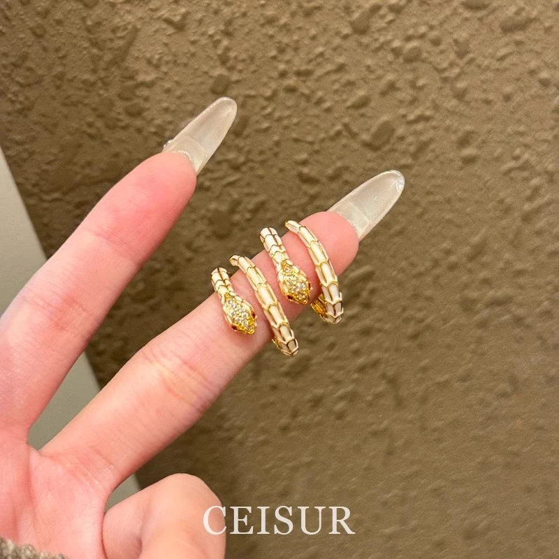 铜合金戒指 复古白色灵蛇戒指开口可调节小众指环本命年蛇年配饰