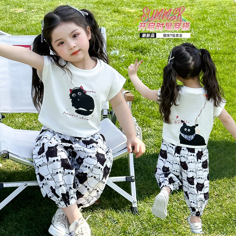 女童短袖套装时髦儿童夏季2025新款女宝满印猫咪两件套小女孩网红