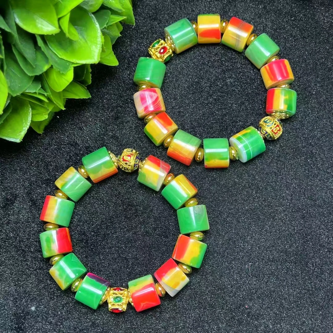 S7995【福嘟嘟】金红云母牛黄玉绿玛瑙桶珠手串-多样性只发一件