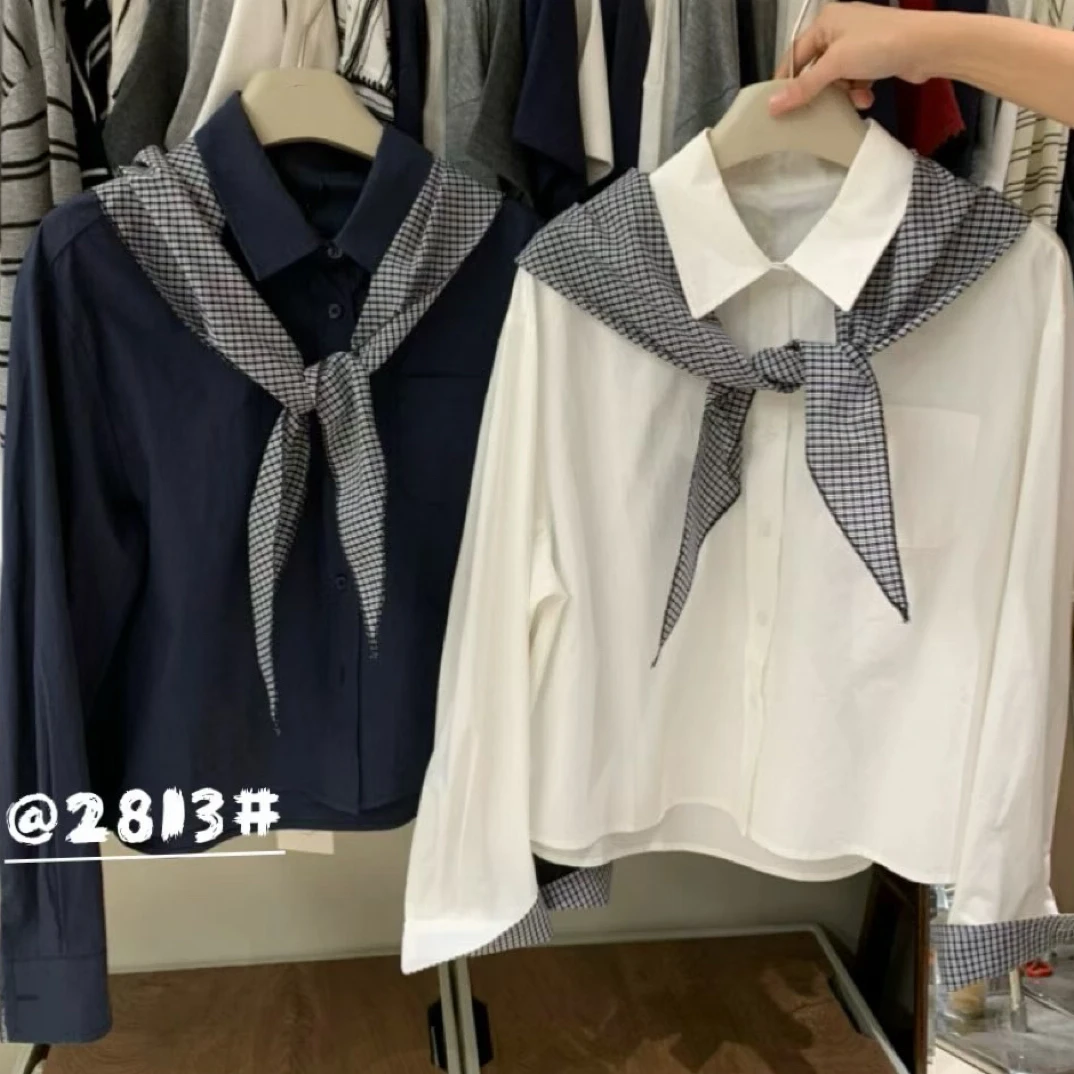 2813款秋季新款时尚百搭围巾翻领长袖衬衫休闲上衣(已实物为准 )