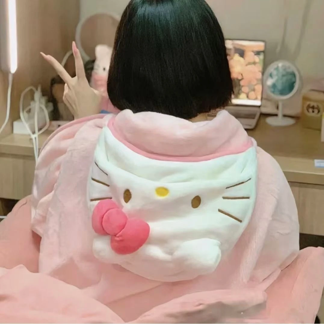 卡通珊瑚绒Kitty粉嫩少女心披肩斗篷宿舍懒人居家盖毯