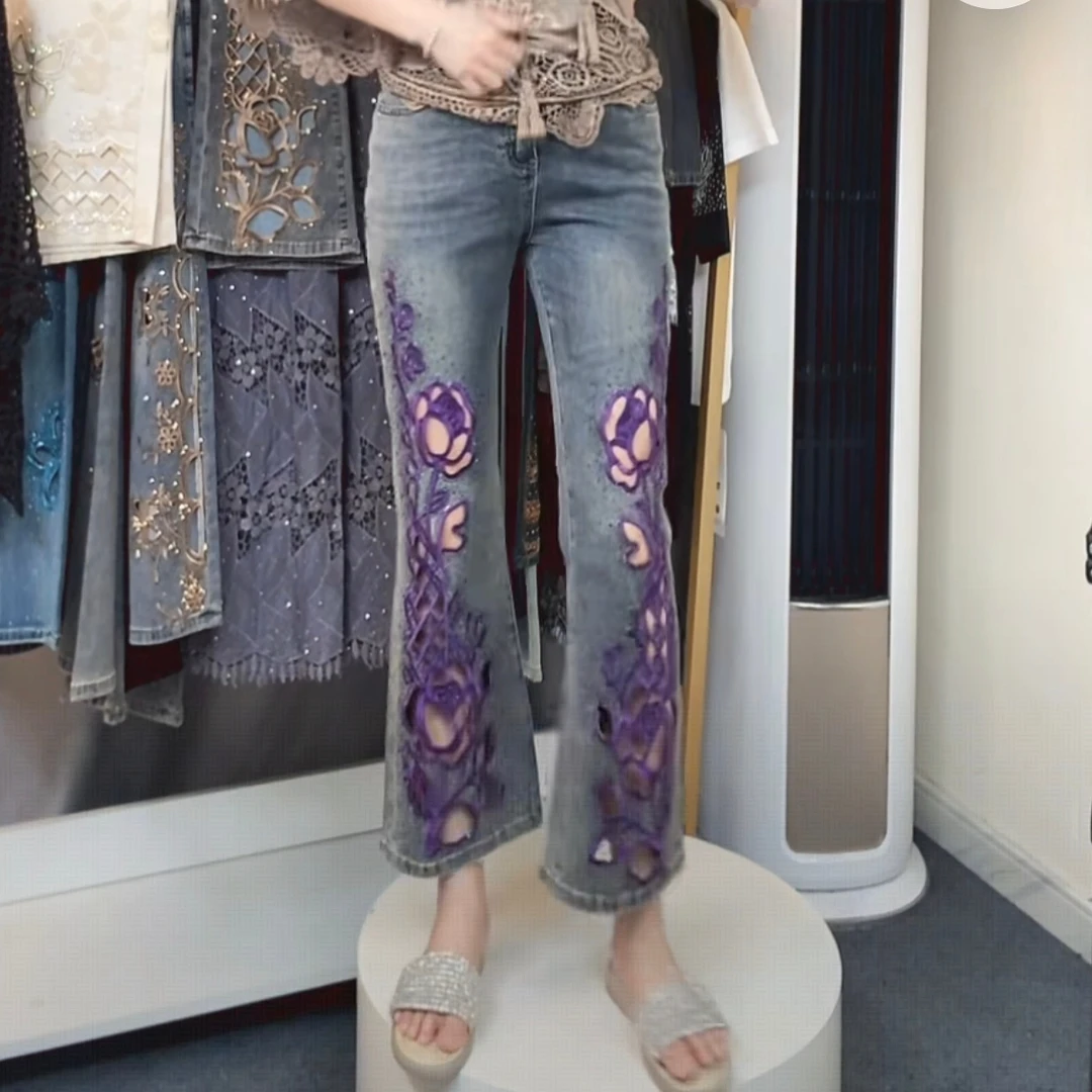 夏季新款时尚重工烫钻镂空刺绣牛仔裤女气质显瘦百搭九分微喇裤子
