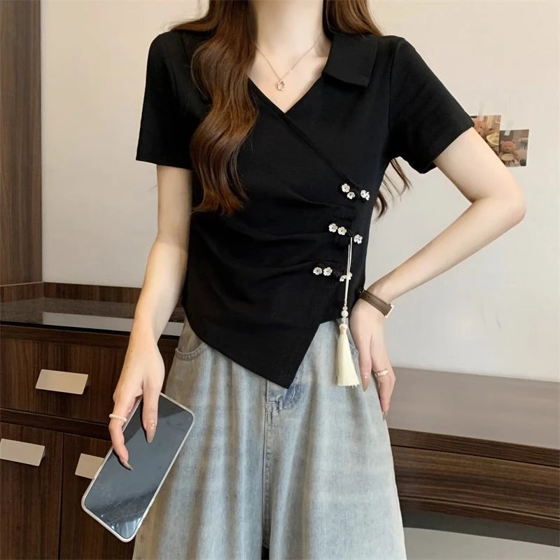 不规则V领正肩短袖t恤女2025夏季胖mm显瘦新中式国风盘扣短款上衣