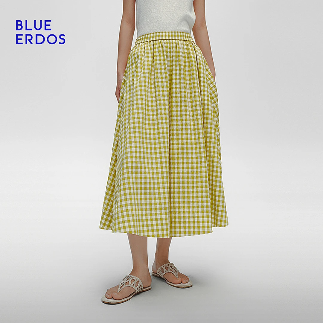 BLUE ERDOS 25早春度假风松紧腰黄色格纹大A摆休闲裙裤B255M1730
