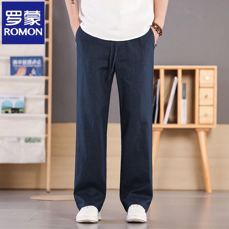 罗蒙2025夏季松紧腰直筒棉麻长裤男士宽松透气休闲苎麻百搭裤子