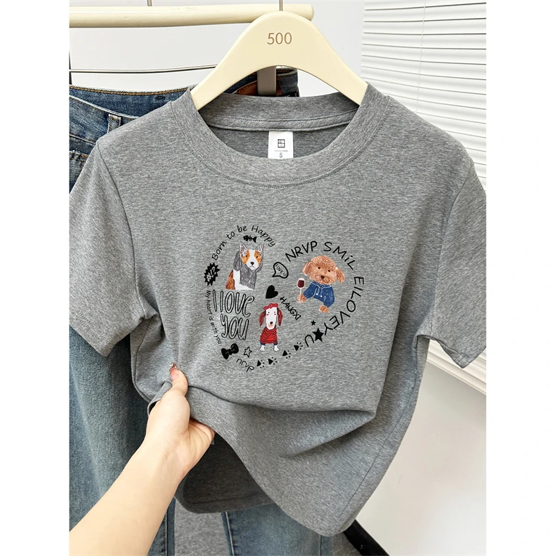 爱心印花正肩圆领短袖T恤女装夏季大码胖MM时尚洋气显瘦半袖上衣