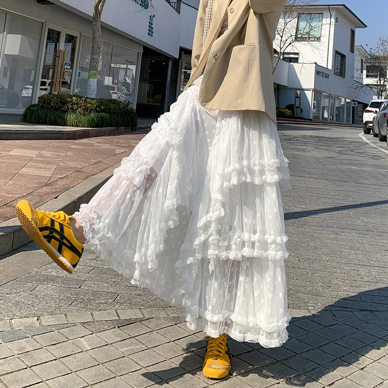 不透白色蕾丝半身裙女春夏季新款a字纱裙甜美公主蓬蓬蛋糕长裙子