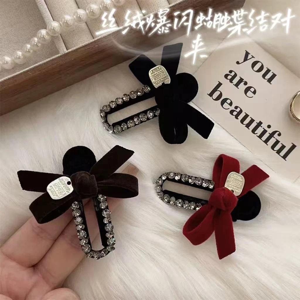 LAPHE 韩系简约复古丝绒蝴蝶结水钻鸭嘴夹气质侧边夹女