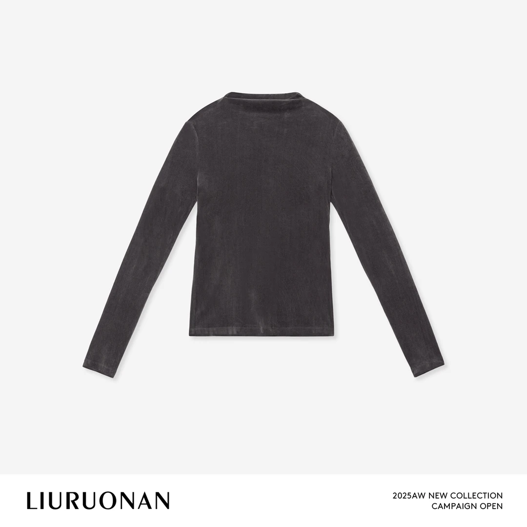 LIURUONAN 25WIN【灰丝绒打底】复古荡领长袖T恤秋冬修身显瘦上衣女