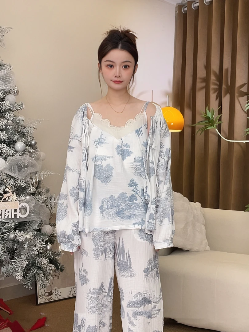 纯棉双层纱布三件套睡衣长袖吊带可调节外穿家居服睡衣宽松温柔薄