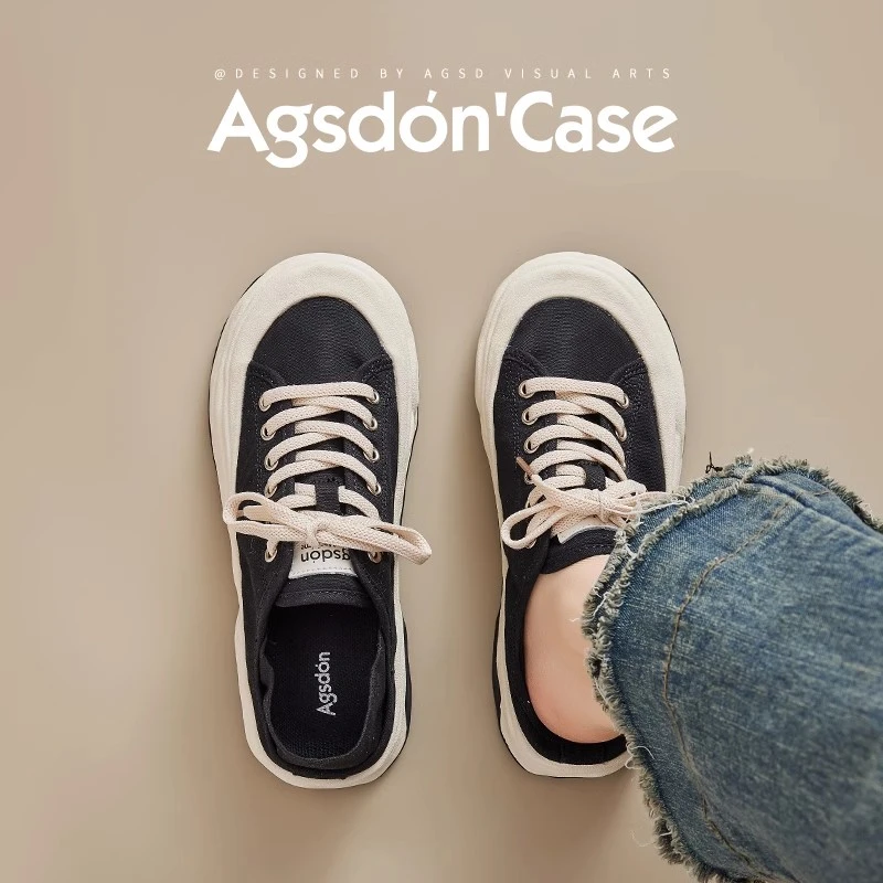 奥古狮登帆布鞋女2025春夏新款厚底休闲板鞋一脚蹬运动百搭小白鞋