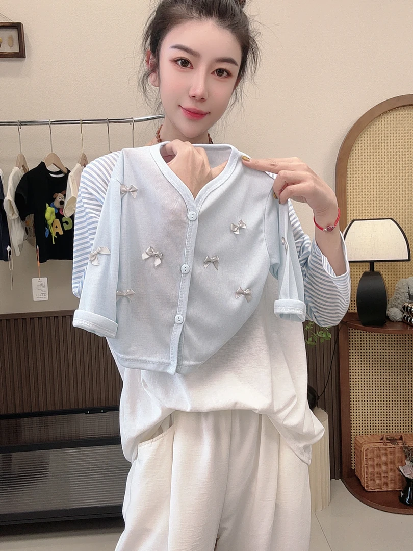 夏季新款女童韩版时尚蝴蝶结上衣女孩薄款休闲长袖开衫