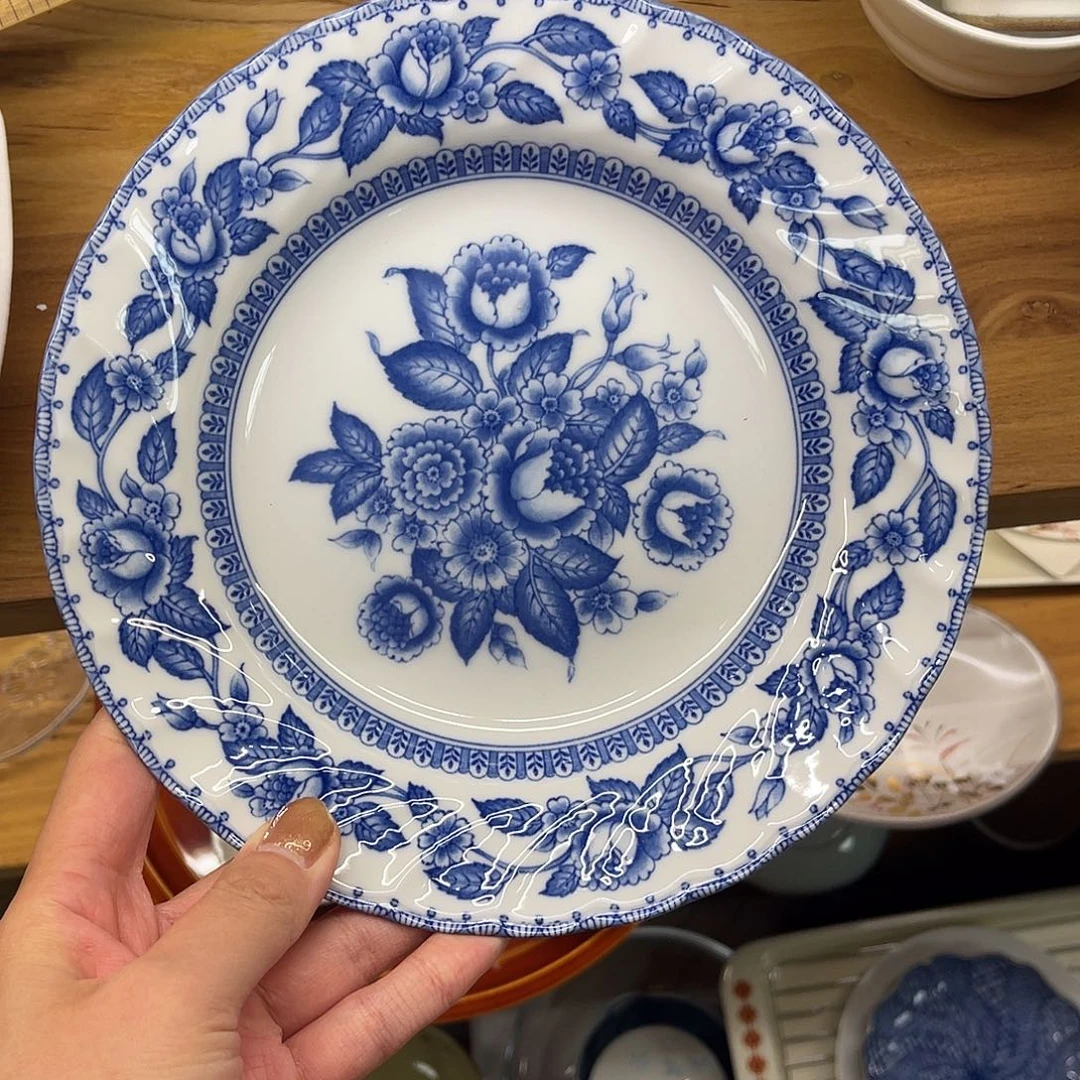 瓷片青花蕾丝玫瑰盘子21cm25