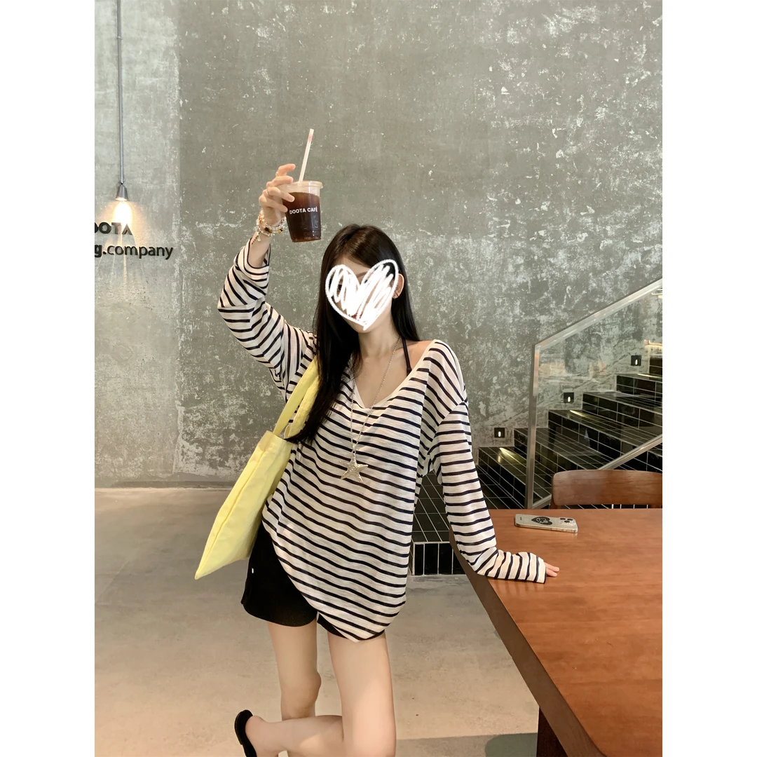 纯欲慵懒风女装V领撞色条纹长袖T恤夏季防晒罩衫宽松显瘦百搭上衣