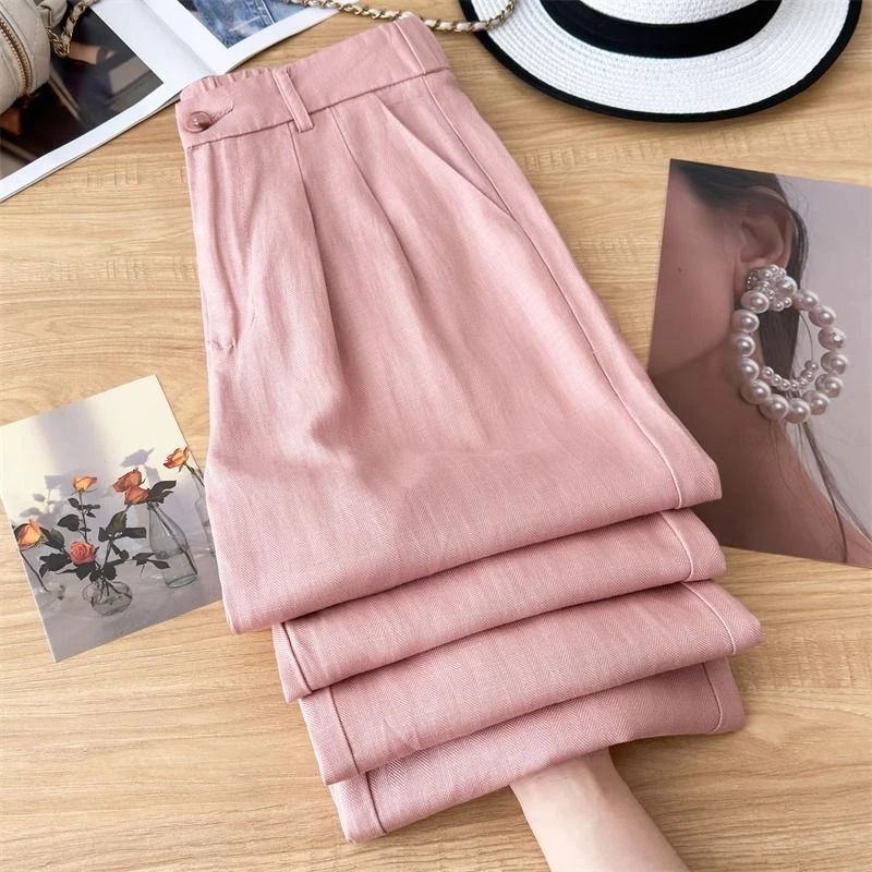 天丝亚麻阔腿裤女2025新款夏季胖mm薄款垂感高腰显瘦窄版直筒裤子