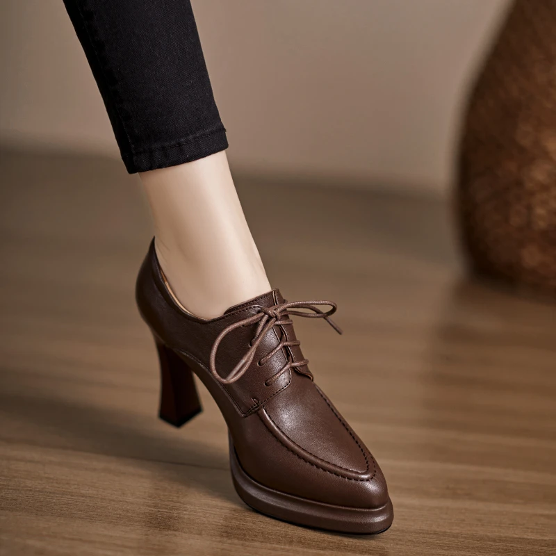 修悦手工女鞋9.5cm防水台皮鞋尖头系带高跟鞋头层羊皮棕色单鞋