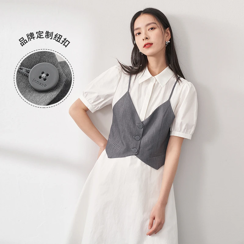 【茵曼女装】茵曼尤莱特马甲假两件连衣裙泡泡袖气质18225626