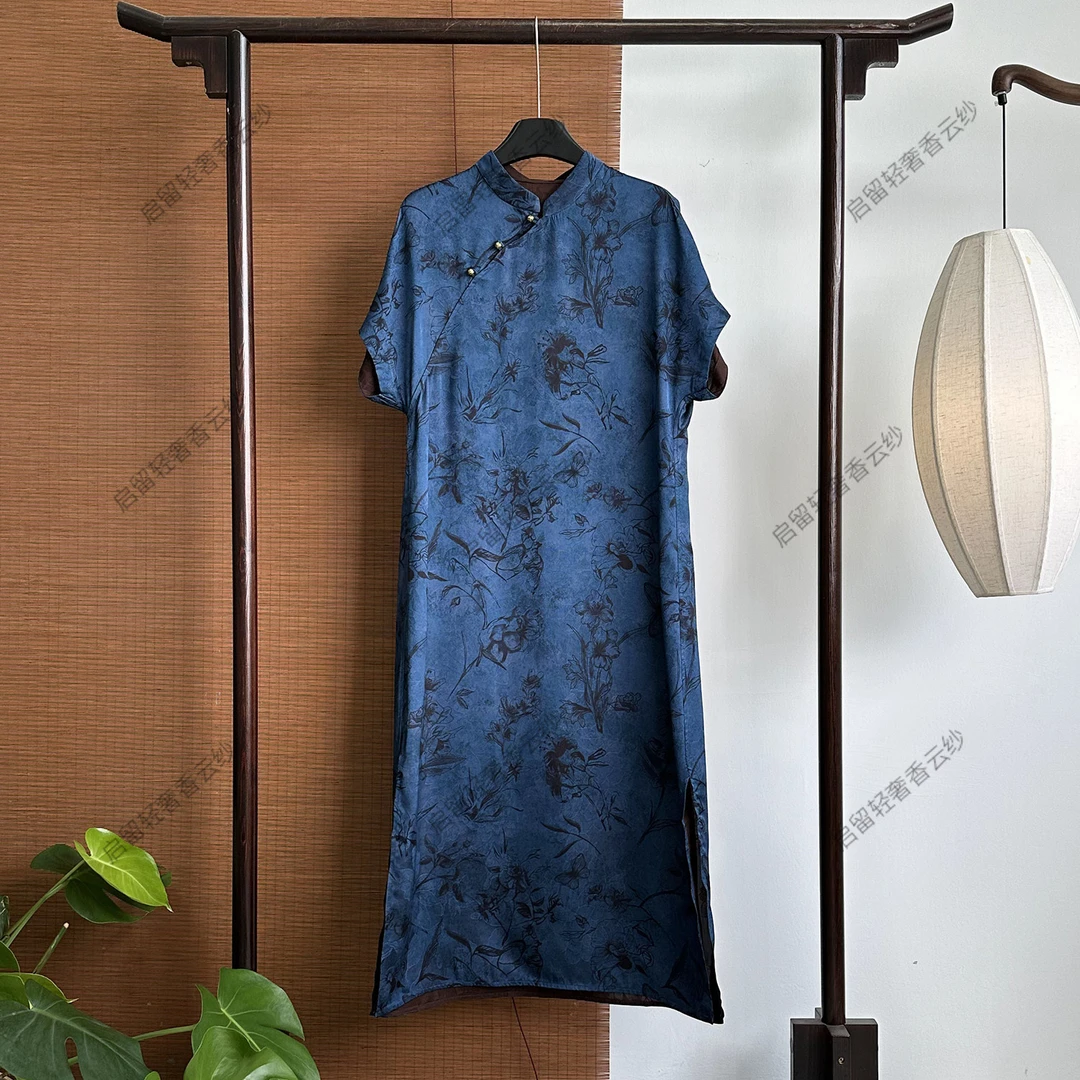 【252907】蓝色妖姬 新中式40姆米 牡丹绞罗连衣裙