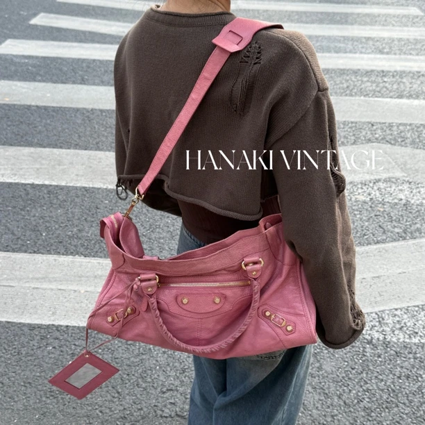 95新 Balenciaga/巴黎世家 花绮中古/巴黎世家粉色city大号机车包