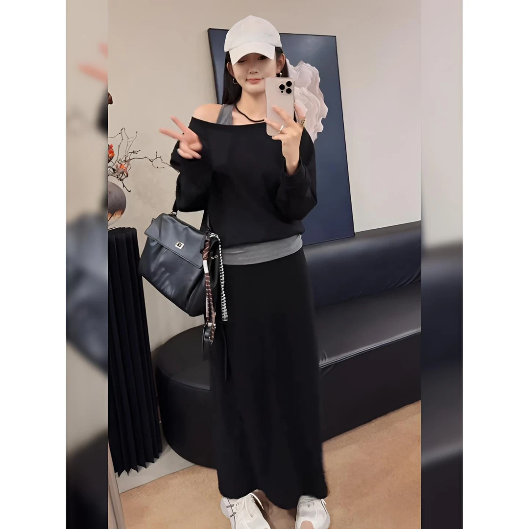 韩系气质辣妹露肩假两件长袖上衣半裙女装2025秋冬新款休闲两件套