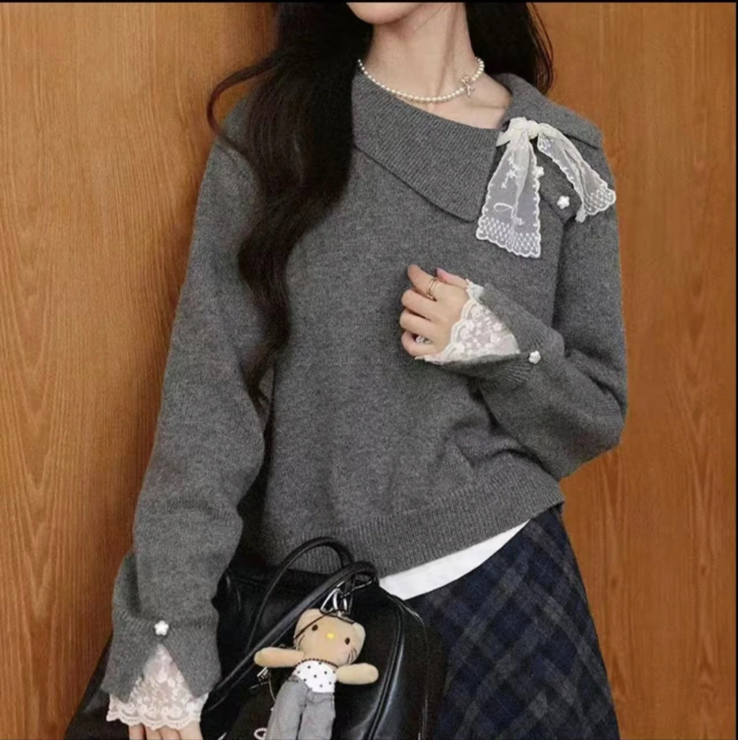 微胖大码女装胖mm灰色套头针织毛衣女秋冬季设计感显瘦上衣2504