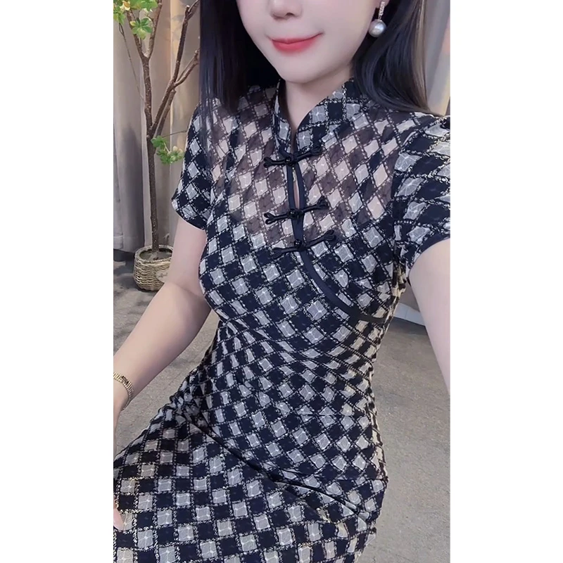 日常复古新中式洋气中长裙中国风少女旗袍包臀裙立领夏季格子