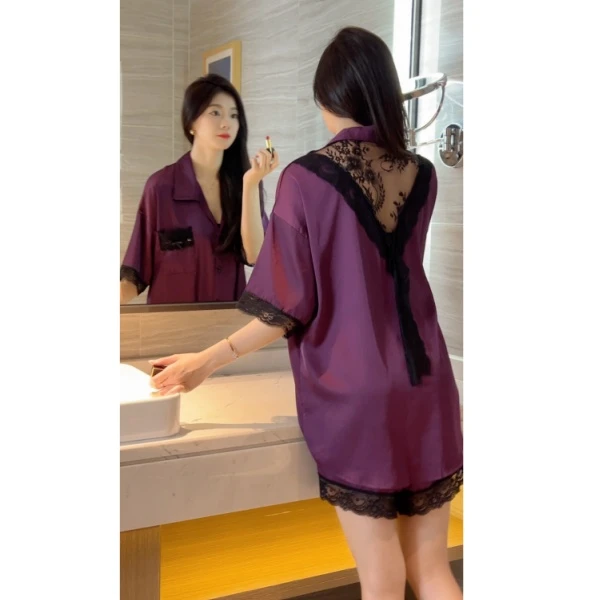 2025夏季可外穿冰丝睡衣两件套紫色性感蕾丝冰雪丝家居服