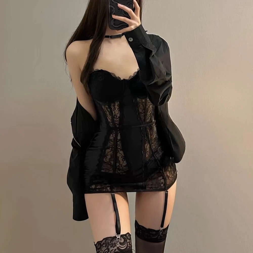 高级蕾丝包臀裙连体性感内衣女带胸托镂空露背黑色纯欲约会战袍