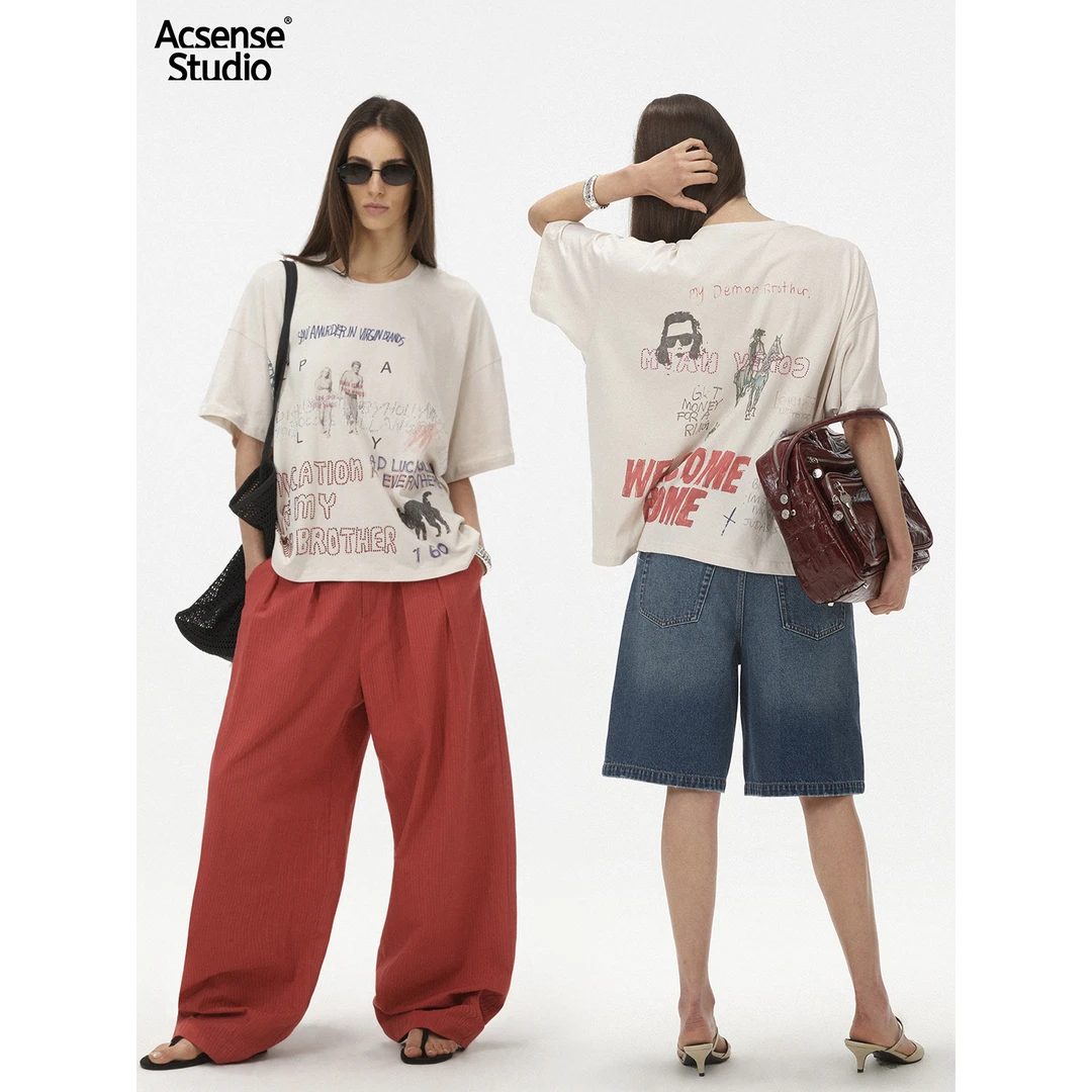 ACSENSE 玩味乐队 手绘涂鸦烫钻宽松短袖