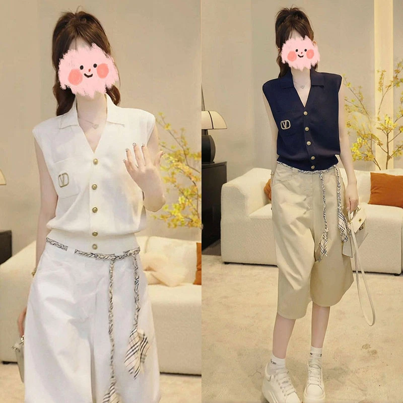 2025夏季设计师轻奢小香风针织马甲背心显瘦百搭七分休闲裤套装女