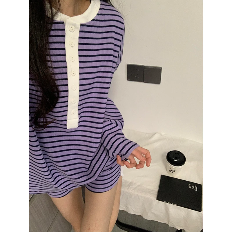 【紫色条纹】韩版甜美休闲睡衣女夏季薄款长袖短裤家居服套装可外穿