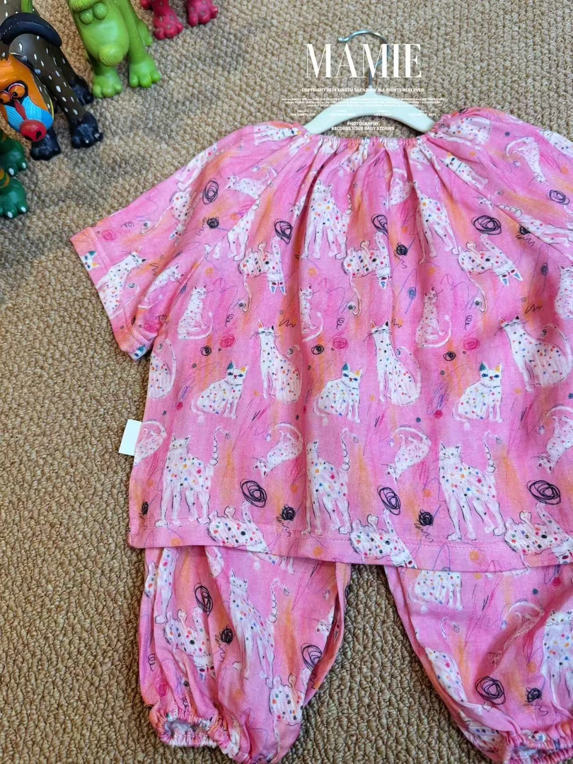 【竹纤维短袖长裤网红儿童洋气家居服】松紧领口松紧裤腿婴儿薄款