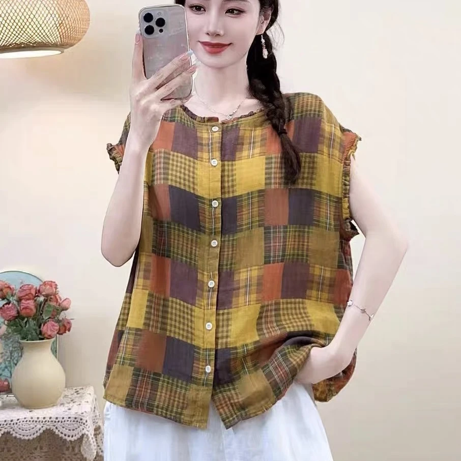 【小坎肩木耳边黄格棉纱衬衫】3598