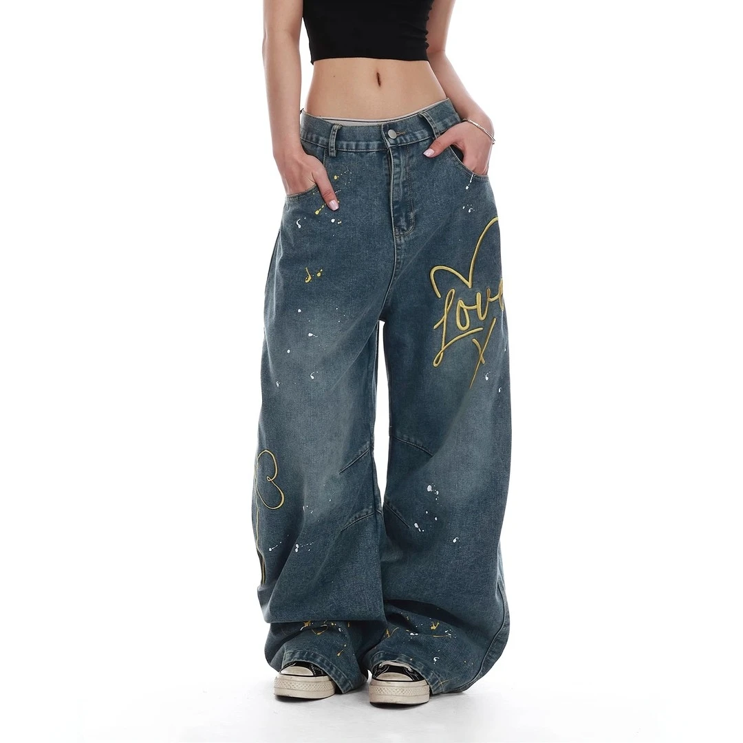 美式复古玫瑰刺绣渐变直筒牛仔裤男女高级感时尚百搭阔腿弯刀长裤