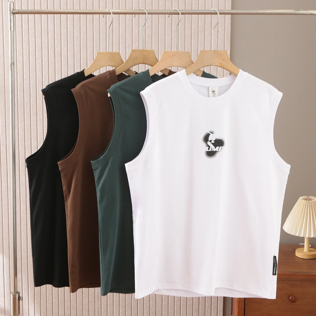 新款T恤262-男士夏季四色圆领坎肩 百搭简约宽松胶印潮无袖T恤