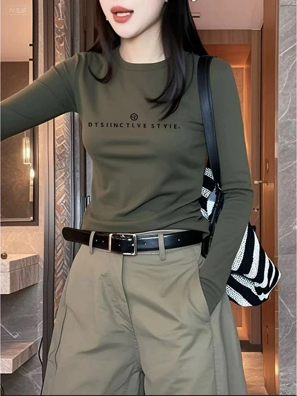 韩版欧货复古长袖打底显瘦女款军绿色圆领上衣早春秋微胖正肩t恤