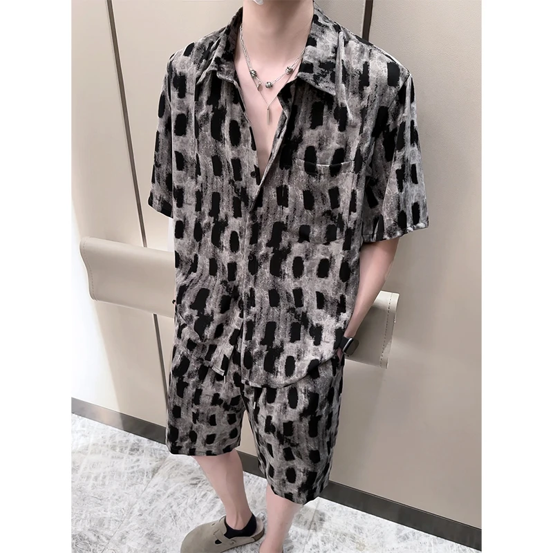 阿航男装 痞帅潮流韩版ins情侣衬衫轻奢宽松套装透气短袖两件套男