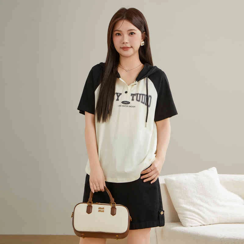 2025款短袖印花连帽撞色常规时尚中长款套装潮流百搭T恤宽松通勤