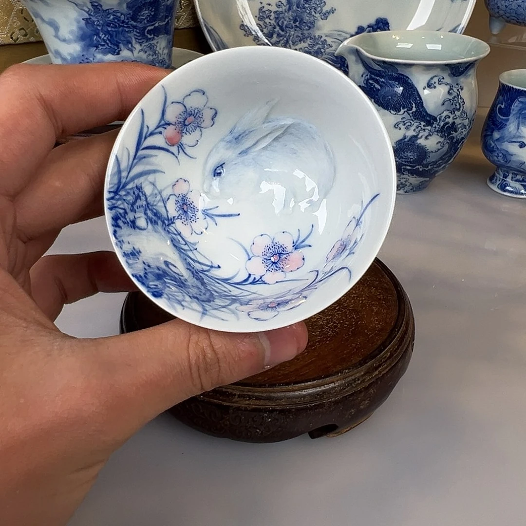 杯子青樵轩雕刻兔子撇口杯