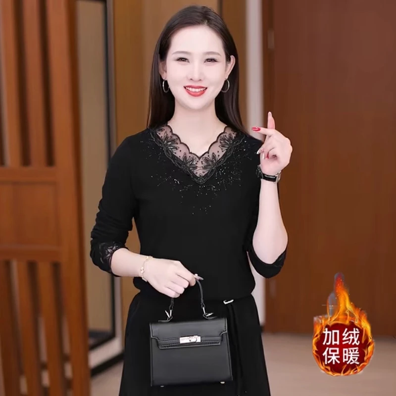 加绒加厚蕾丝打底衫女2025秋冬季新款高级感烫钻气质v领内搭上衣