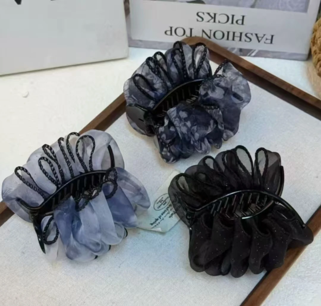 ZY高定黑纱星芒缀饰奢华优雅气质抓夹式丸子头发夹个护