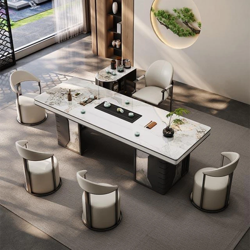 奢石岩板茶桌茶台设计办公室茶台高级客厅大板茶桌椅泡茶一体组合