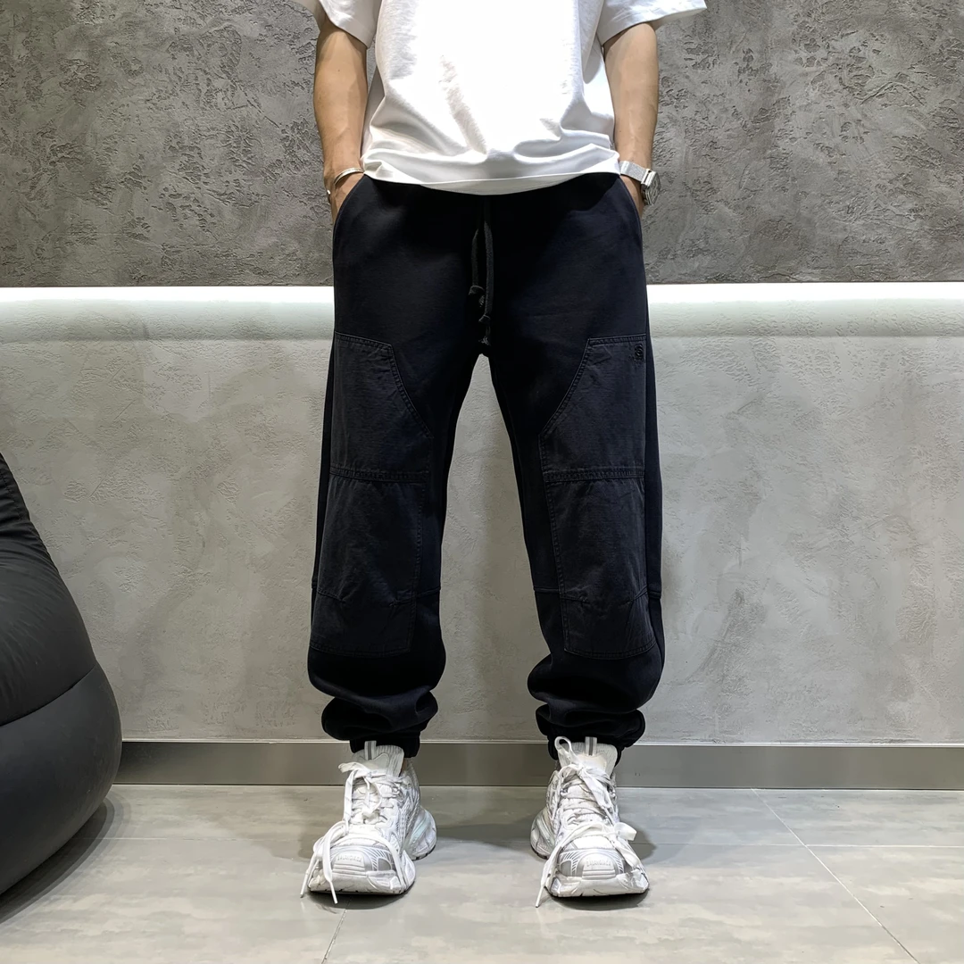 2025秋冬新款男士水洗潮百搭中腰裤子日系休闲裤秋季拼接宽松潮流